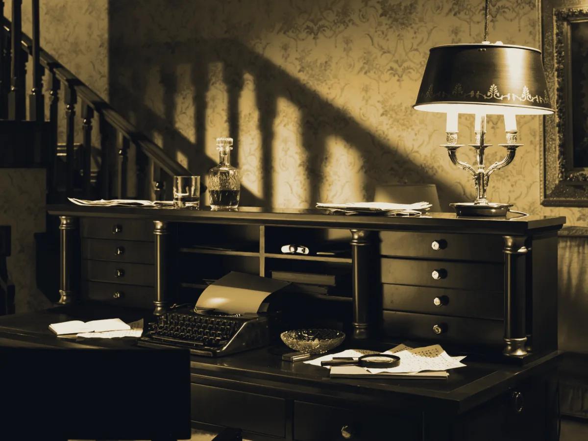 A writing desk under a low lamp at night
