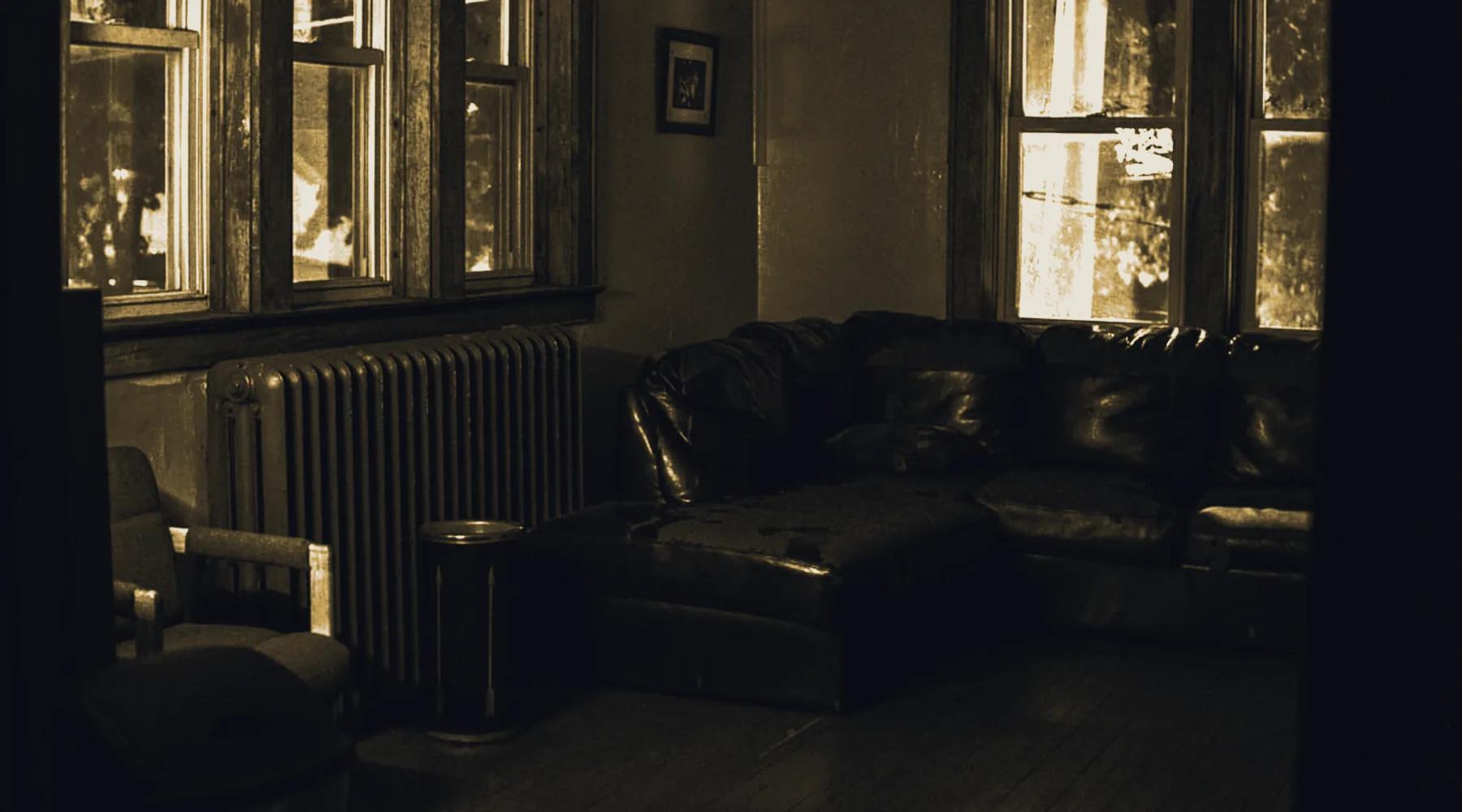 The long lounge, lamps low, chairs empty